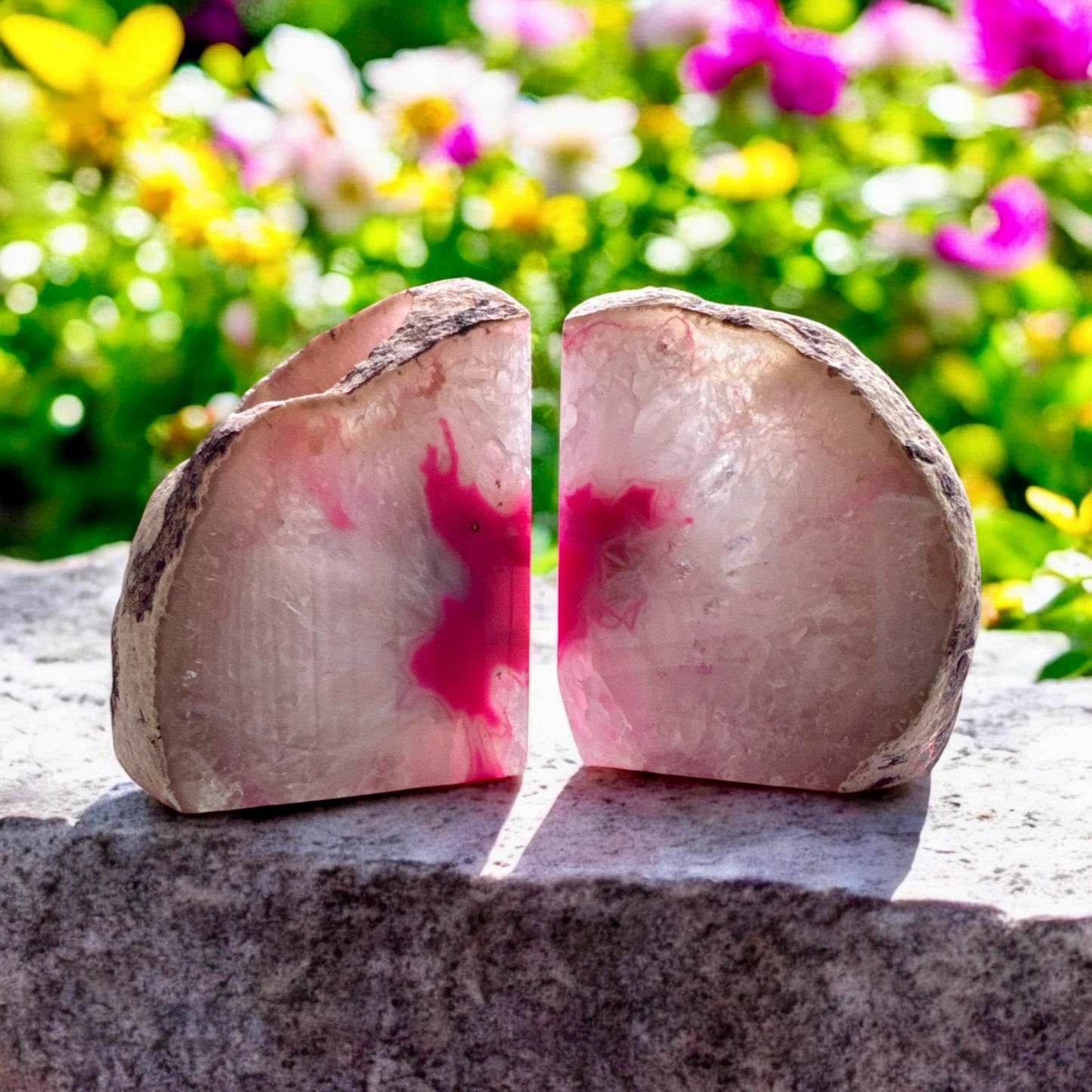 Pink Agate and Quartz Crystal Geode Bookend Candle Holder Set - Geode Bookend Candle Holders, Two Pieces. Luna by Louise, Crystal Shop UK