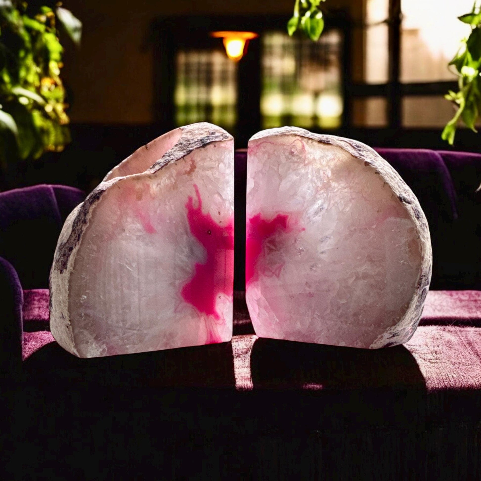 Pink Agate and Quartz Crystal Geode Bookend Candle Holder Set - Geode Bookend Candle Holders, Two Pieces. Luna by Louise, Crystal Shop UK