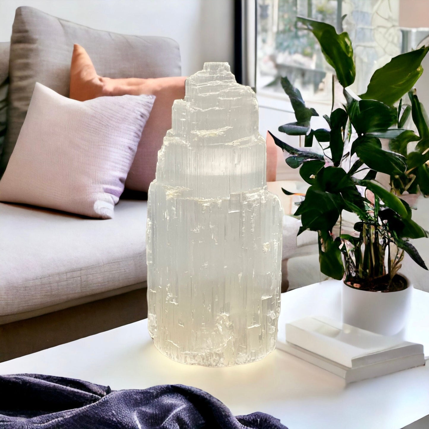 Selenite Mountain Lamp: Hand Carved Crystal Night Light with LED