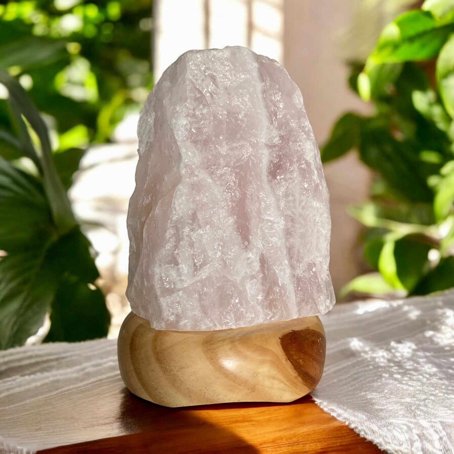 Rose Quartz Crystal Lamp - 1.4kg-1.8kg: On wooden Stand, E14 LED Bulb and Mains Plug