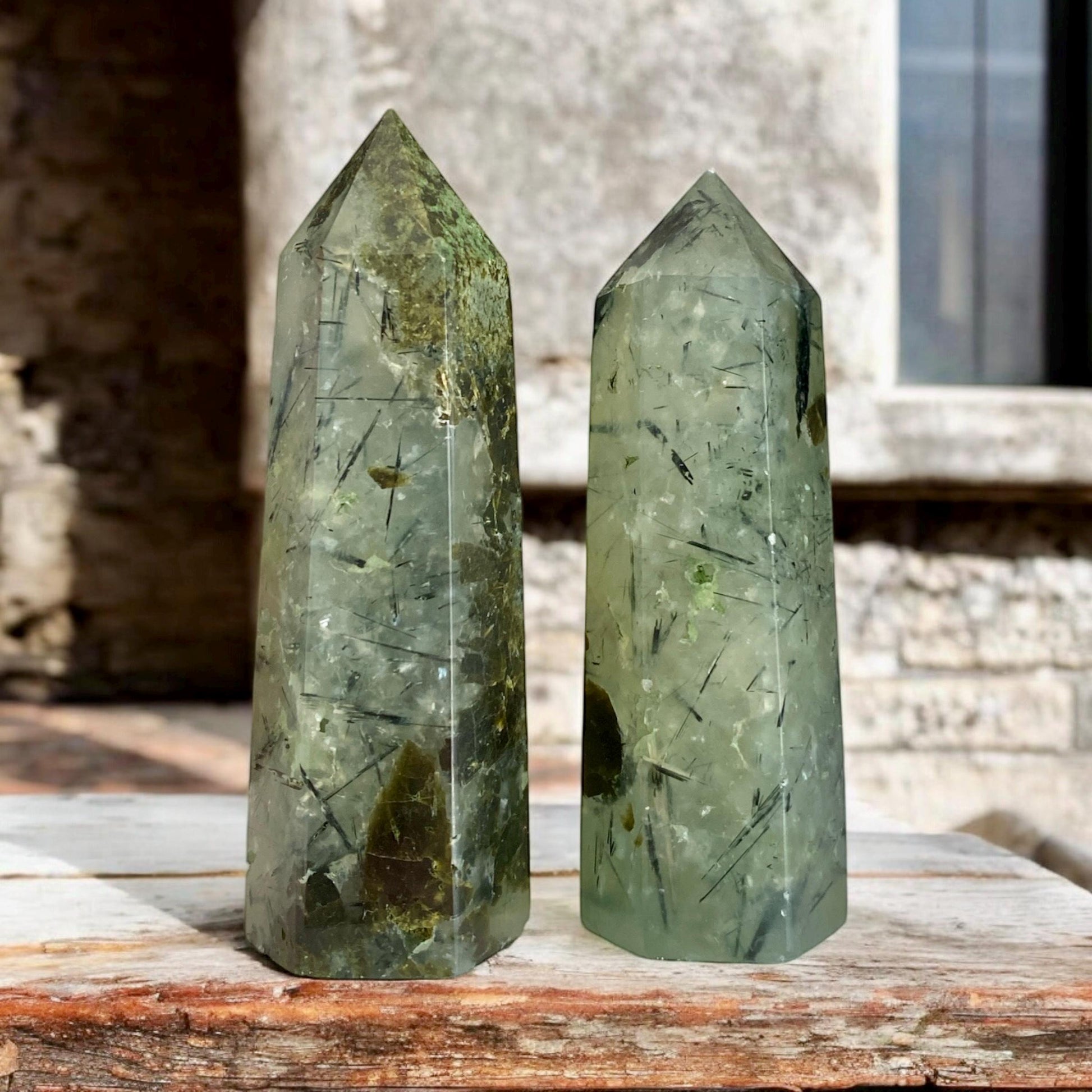 Prehnite Crystal Point with Black Tourmaline Rutile - Healing Stone
