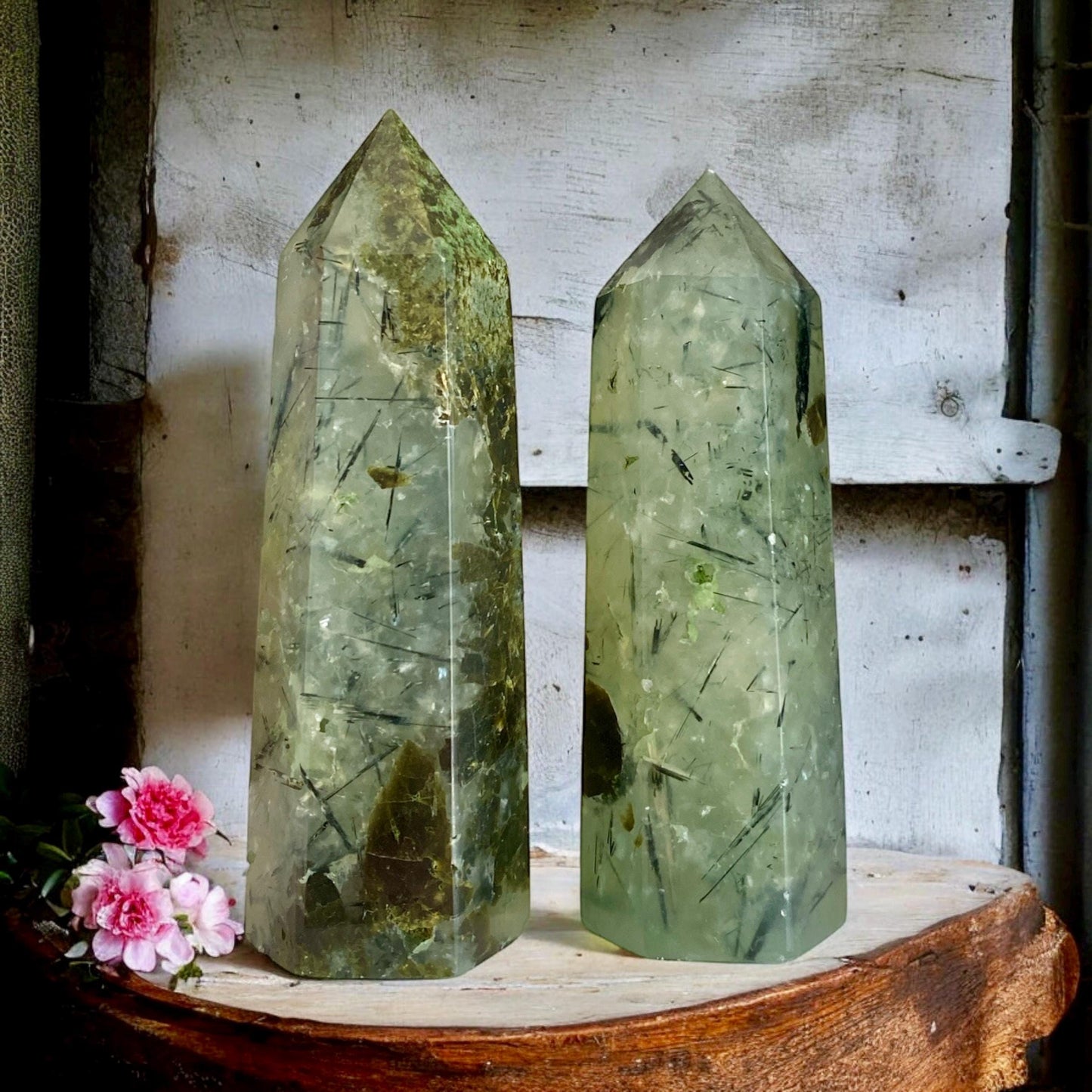 Prehnite Crystal Point with Black Tourmaline Rutile - Healing Stone