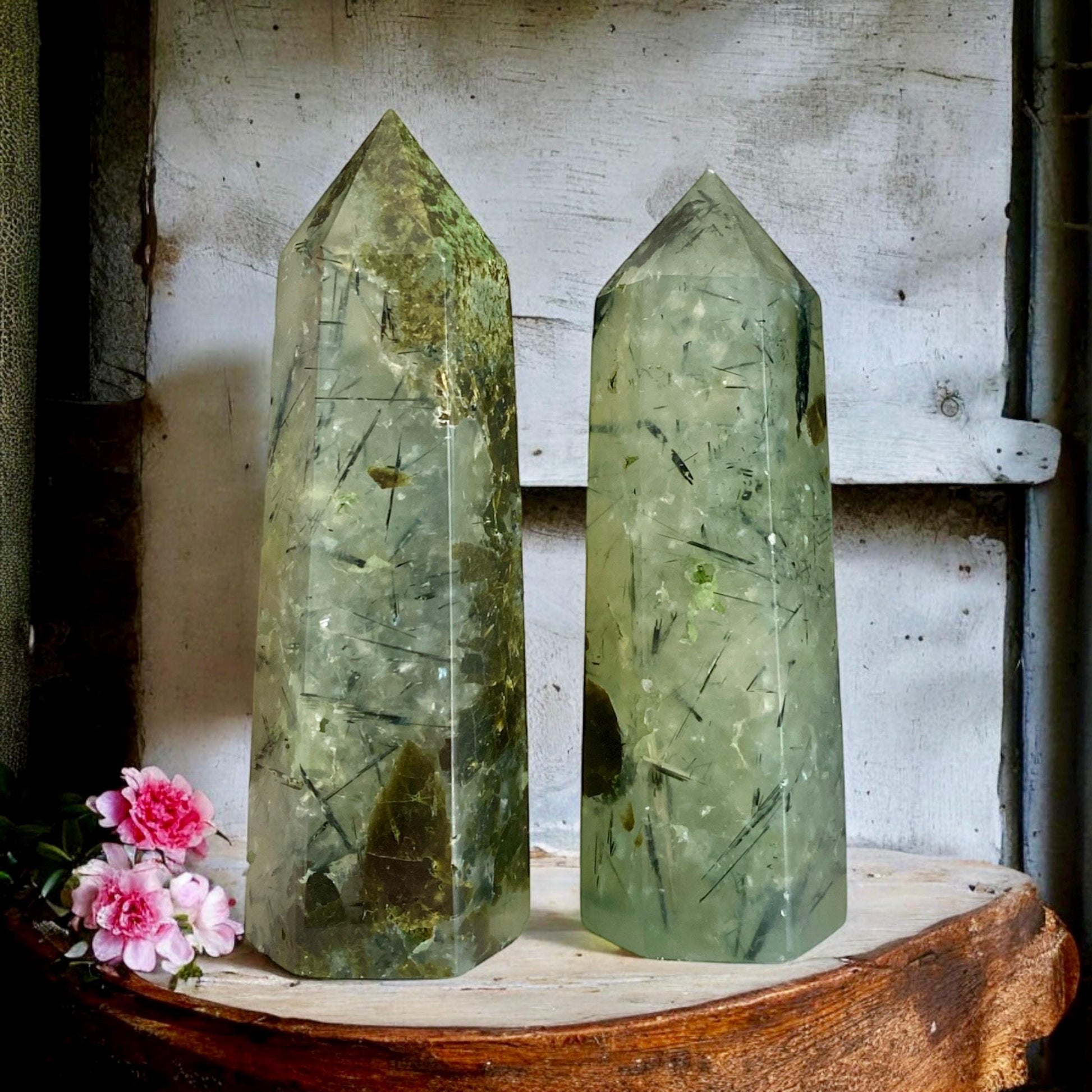 Prehnite Crystal Point with Black Tourmaline Rutile - Healing Stone