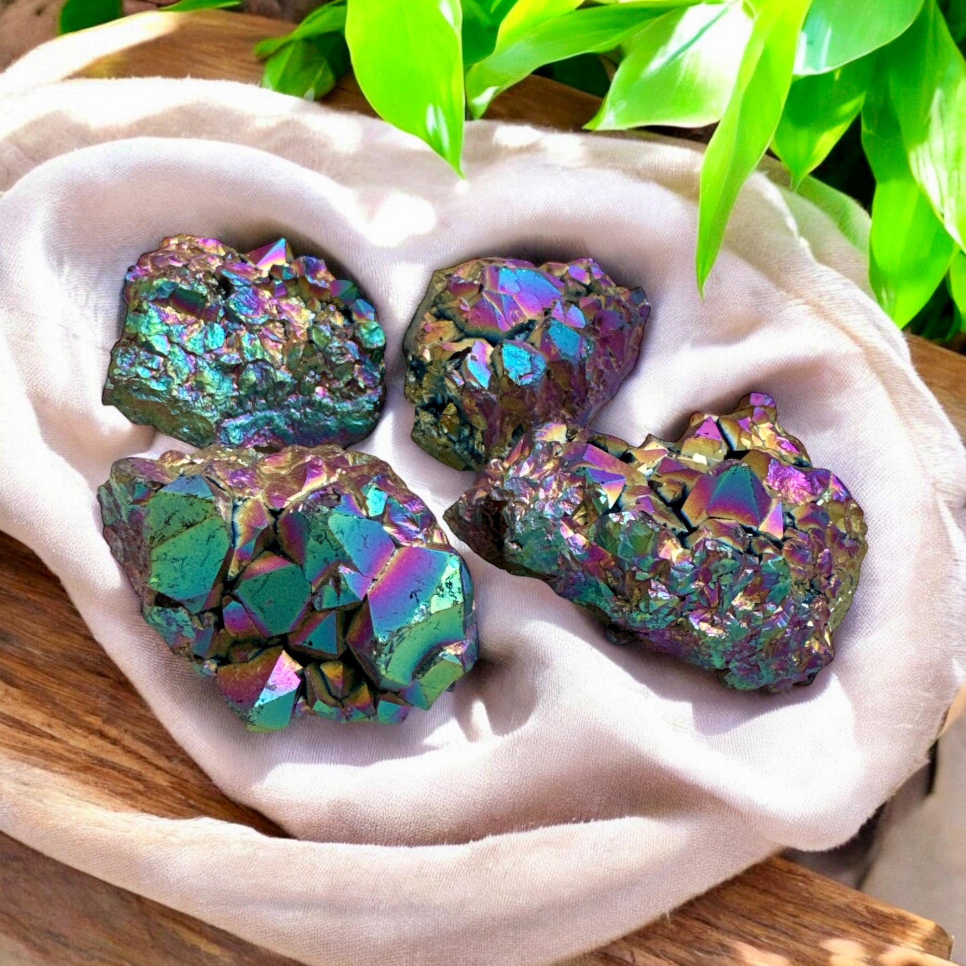 Titanium Aura Amethyst Cluster - Luna by Louise, Crystal Shop UK | Vibrant and High-Energy Crystal for Spiritual Protection