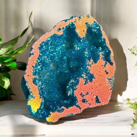 Aqua Aura Geode: Calming Sunset Aura Crystal