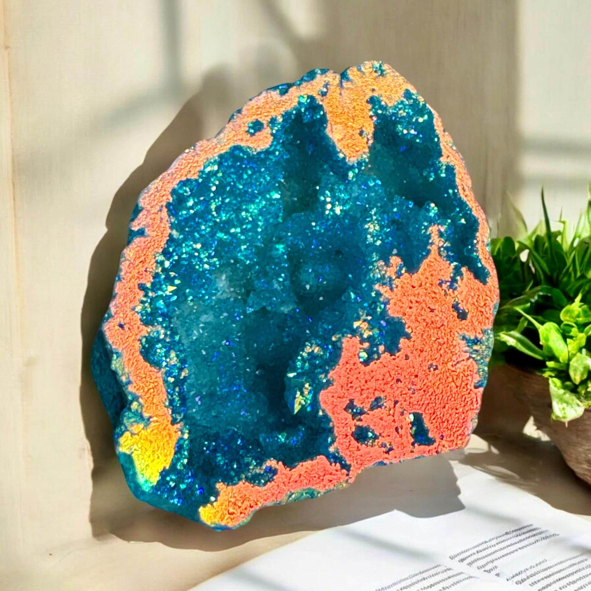 Aqua Aura Geode: Calming Sunset Aura Crystal