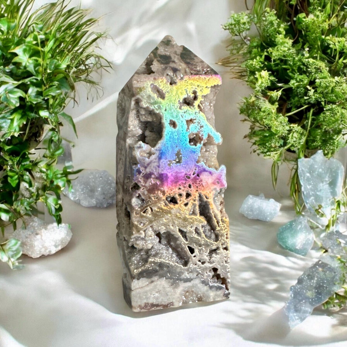 Aura Coated Sphalerite Druze Tower: Crystal Decor