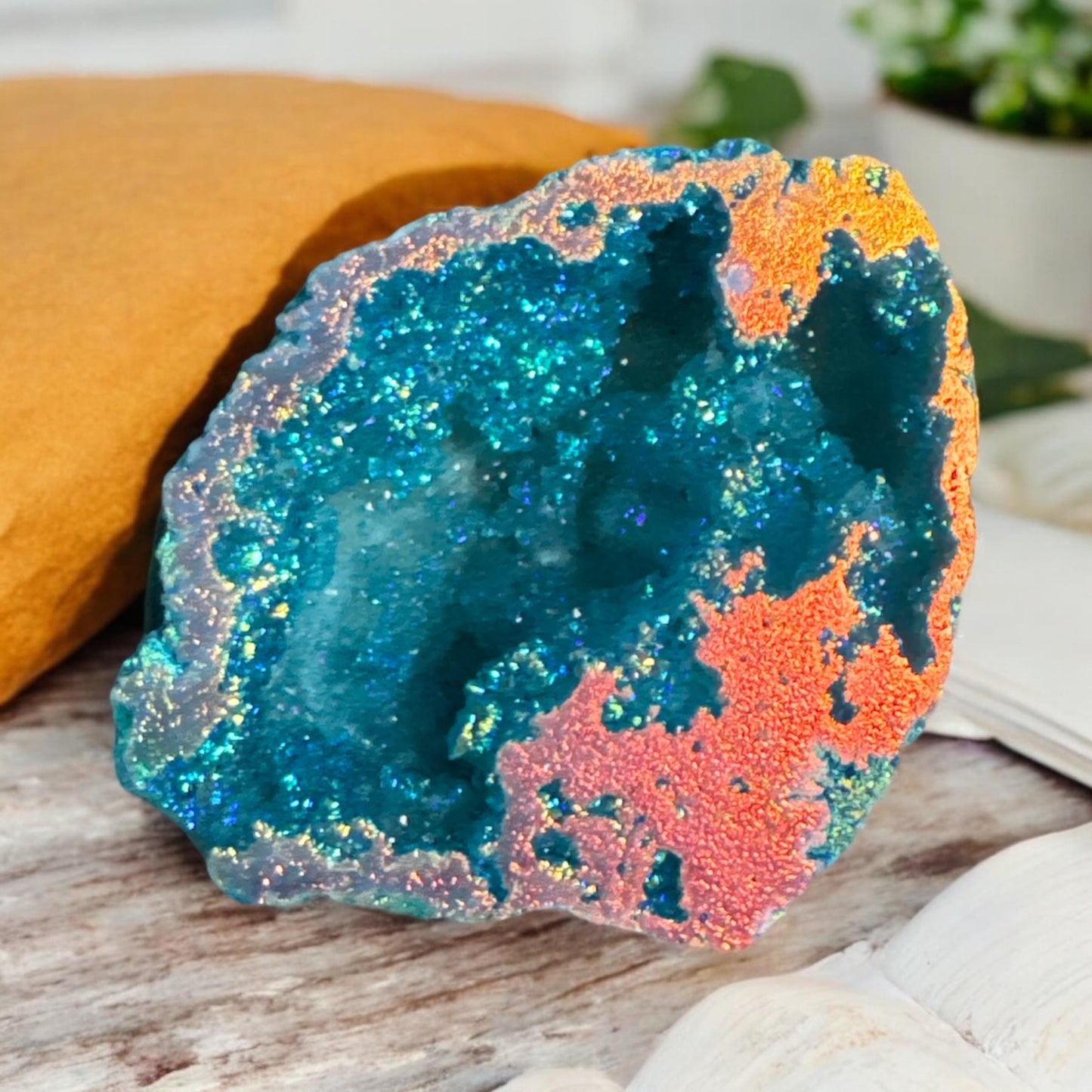 Aqua Aura Geode: Calming Sunset Aura Crystal