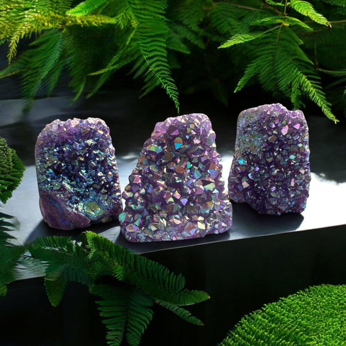 Purple Galaxy Aura Amethyst Cluster: Cosmic Beauty Cut Base