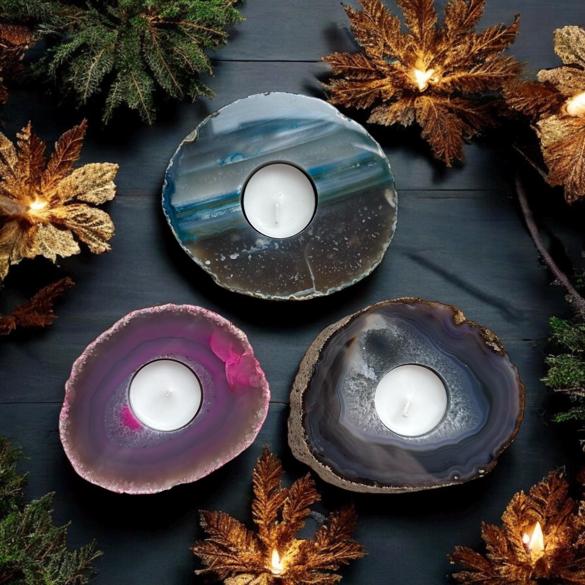 Agate Geode Slice Tealight Holder: Ethereal Crystal Decor