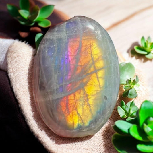 Sunset Labradorite Palm Stone: Pink - Purple - Gold and Blues. Calming Crystal for Meditation