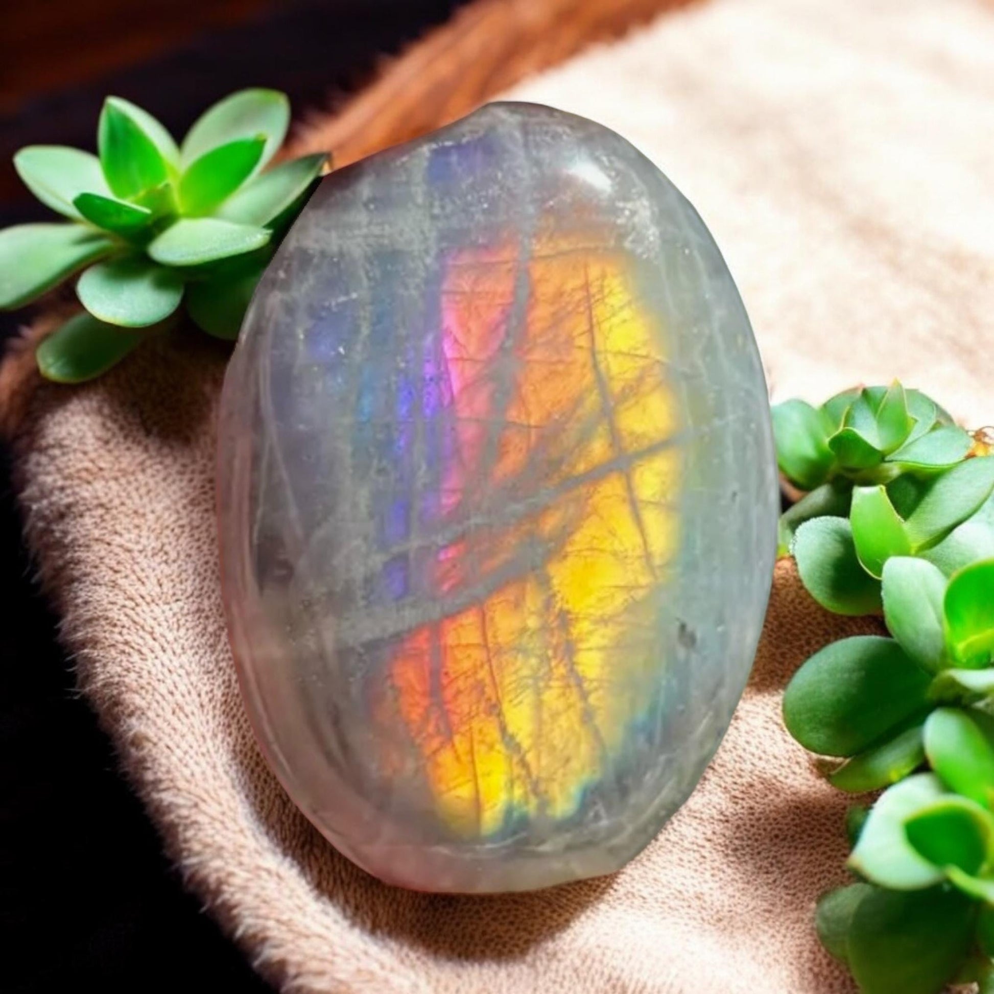 Sunset Labradorite Palm Stone: Calming Crystal for Meditation (40mm x 40mm)
