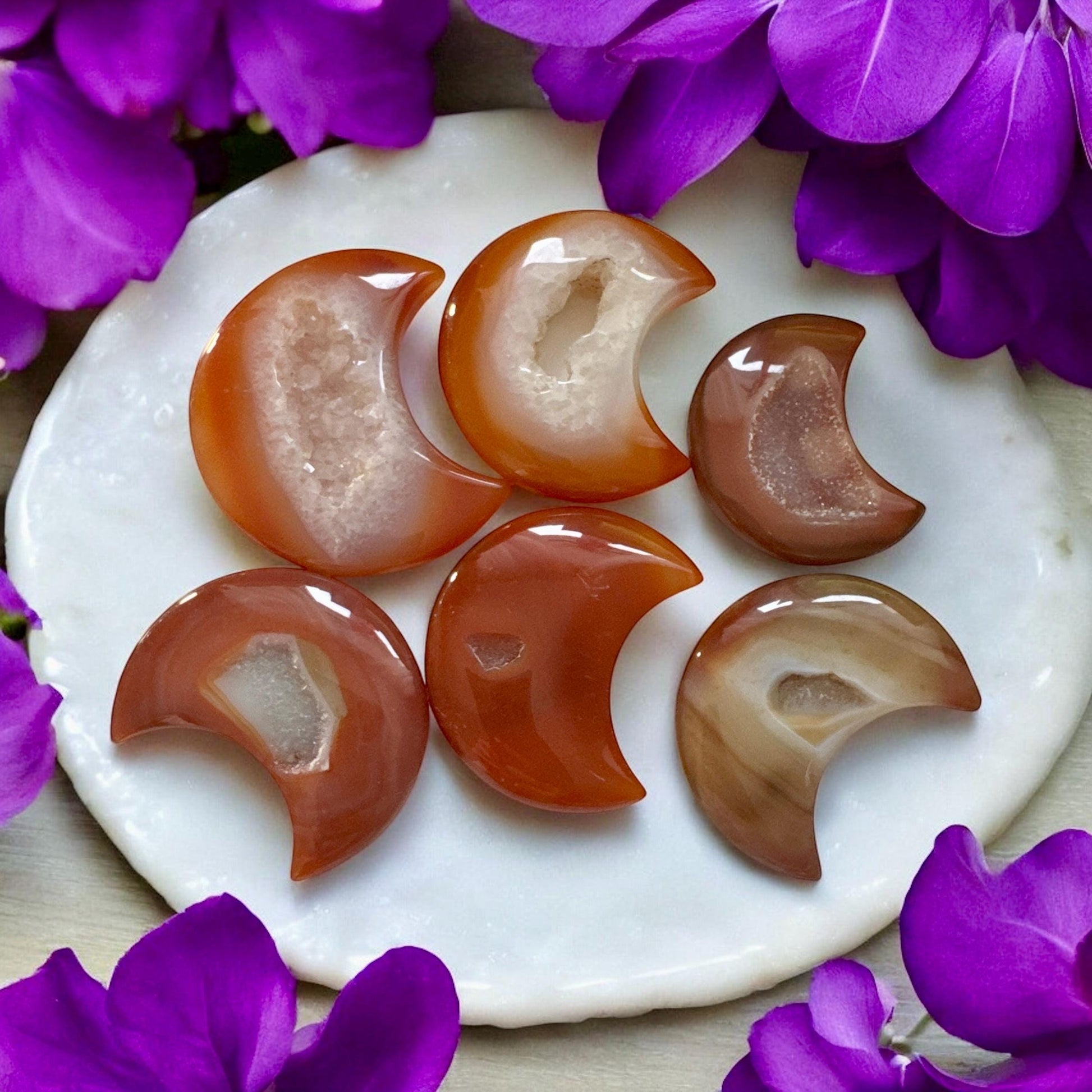 Carnelian Druze Crescent Moon Crystal – Fiery Energy & Passion | Luna by Louise, Crystal Shop UK