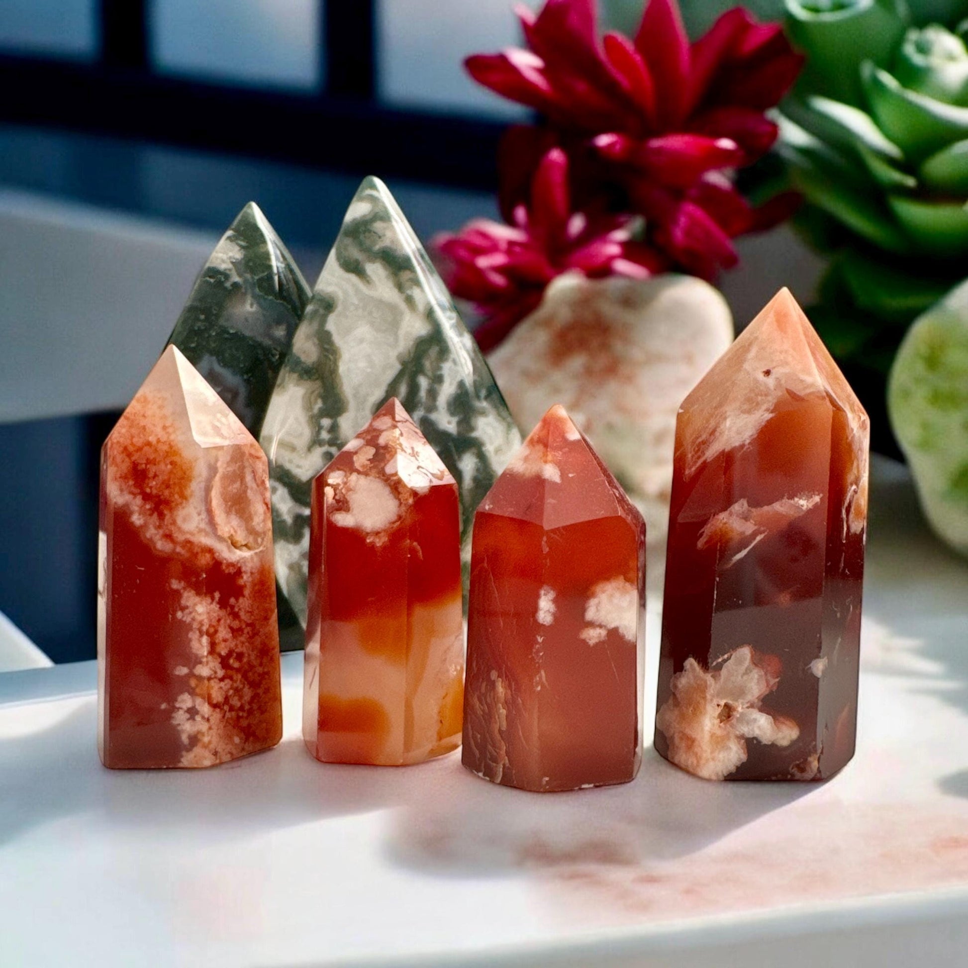 Carnelian & Flower Agate Crystal Tower: Luna by Louise
