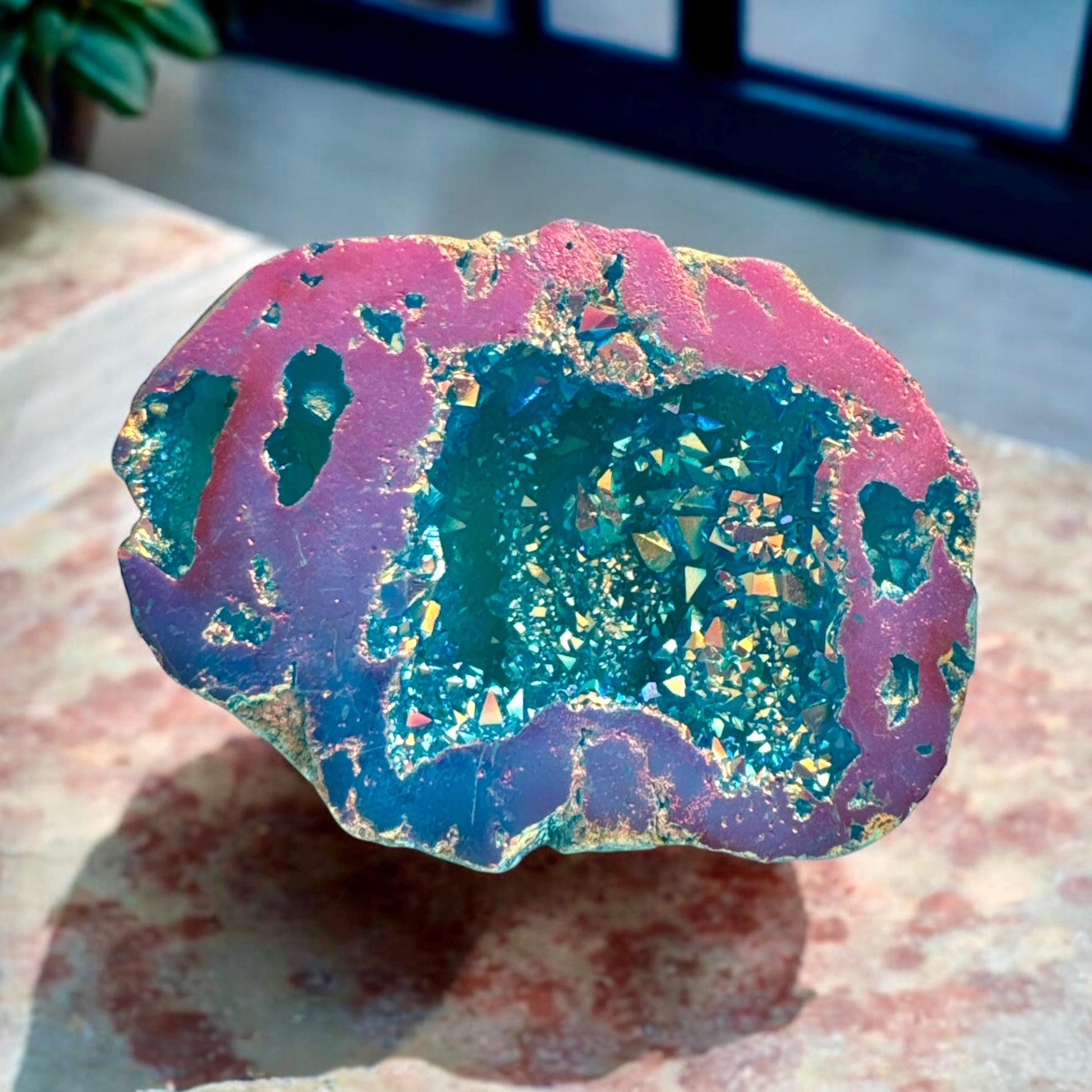 Aqua Aura Quartz Geode: Northern Lights Crystal Gift