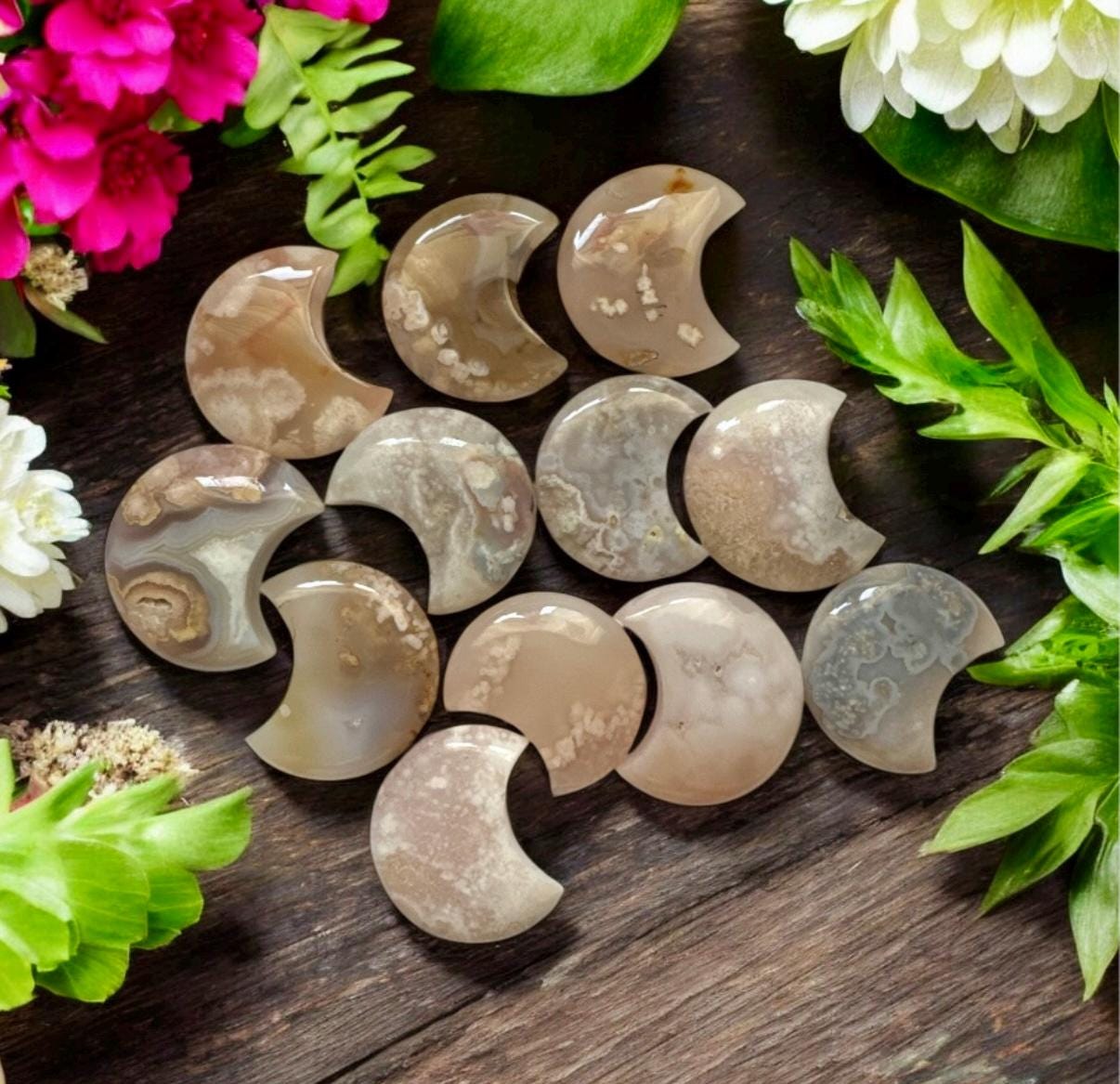Flower Agate Crescent Moon – Luna by Louise, Crystal Shop UK