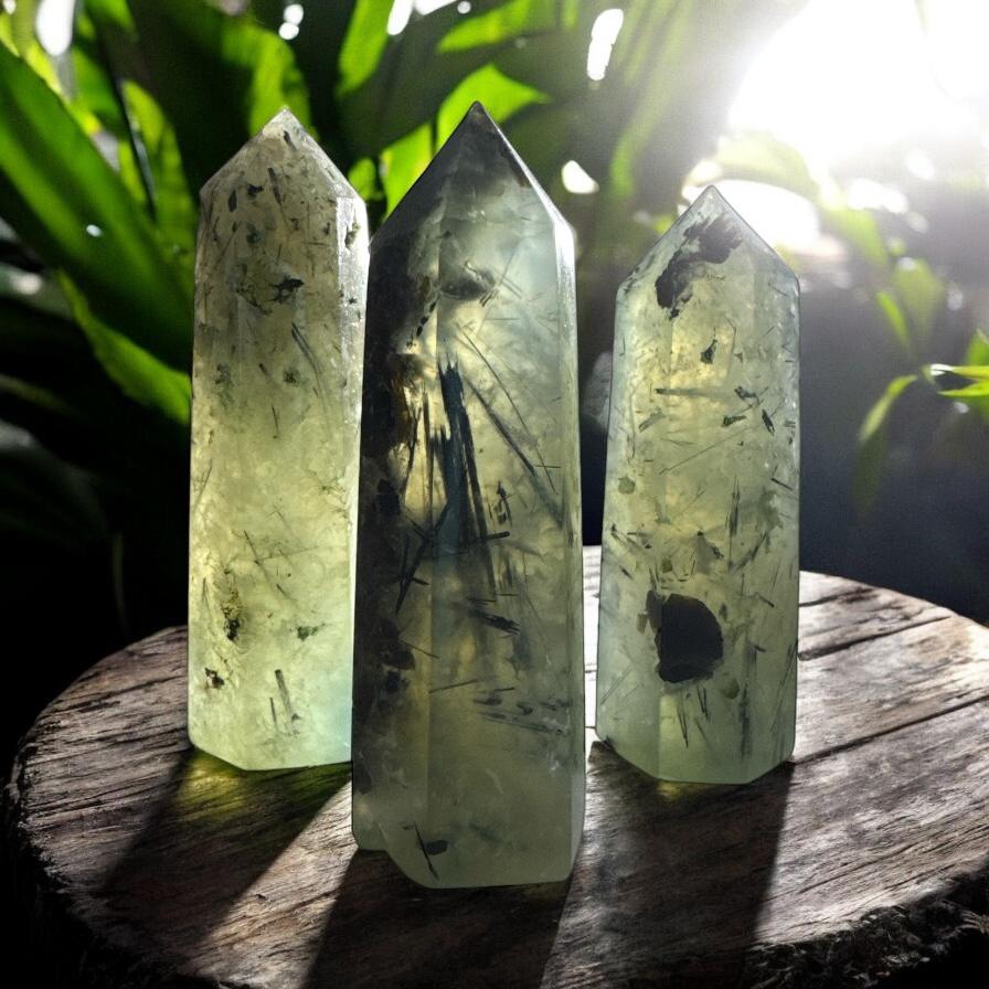Prehnite Crystal Point with Black Tourmaline Rutile - Healing Stone
