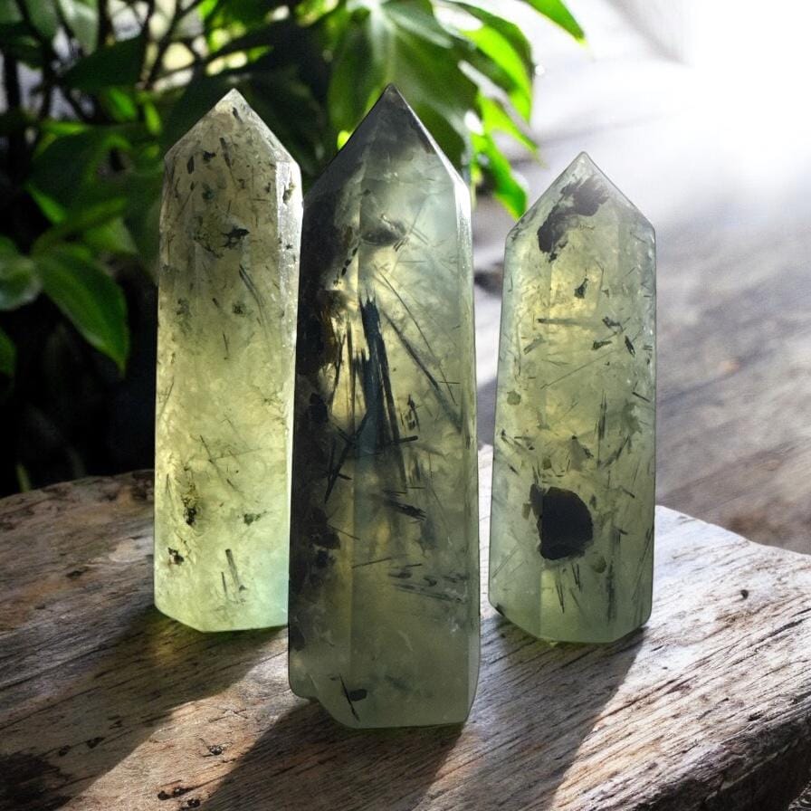 Prehnite Crystal Point with Black Tourmaline Rutile - Healing Stone