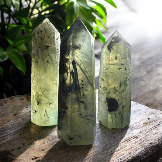 Prehnite Crystal Point with Black Tourmaline Rutile - Healing Stone