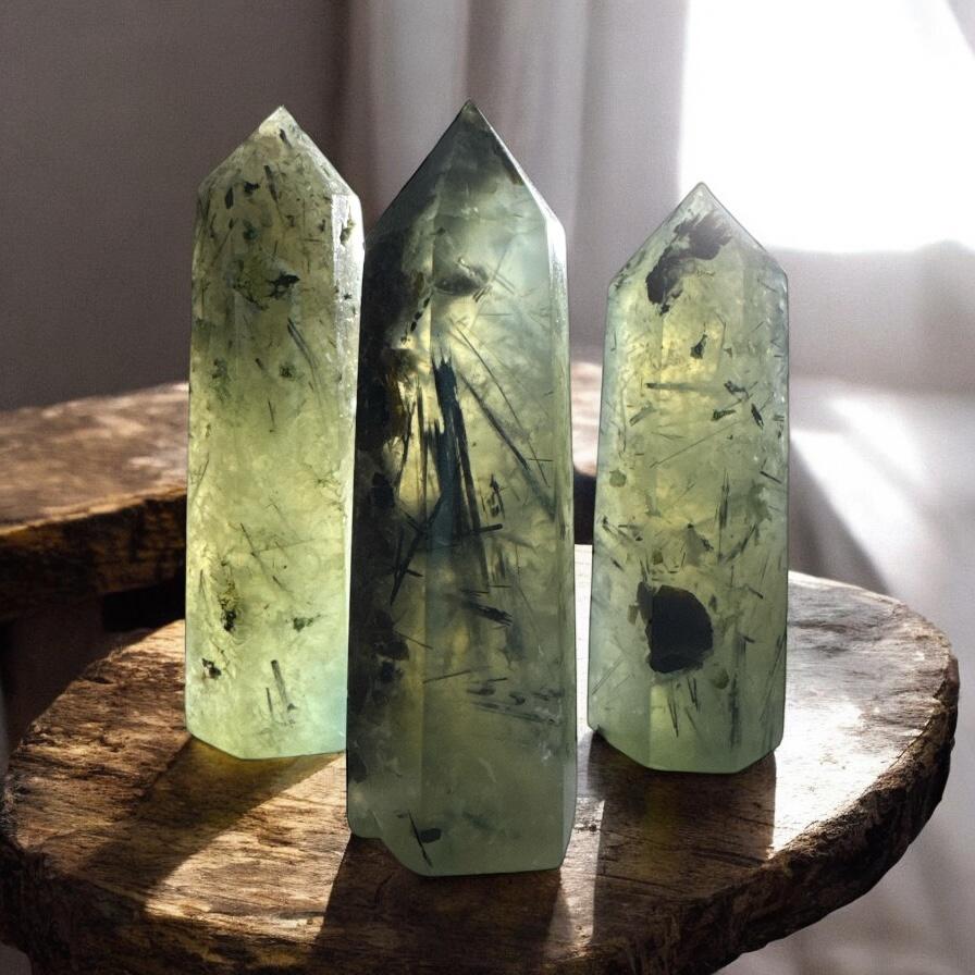 Prehnite Crystal Point with Black Tourmaline Rutile - Healing Stone