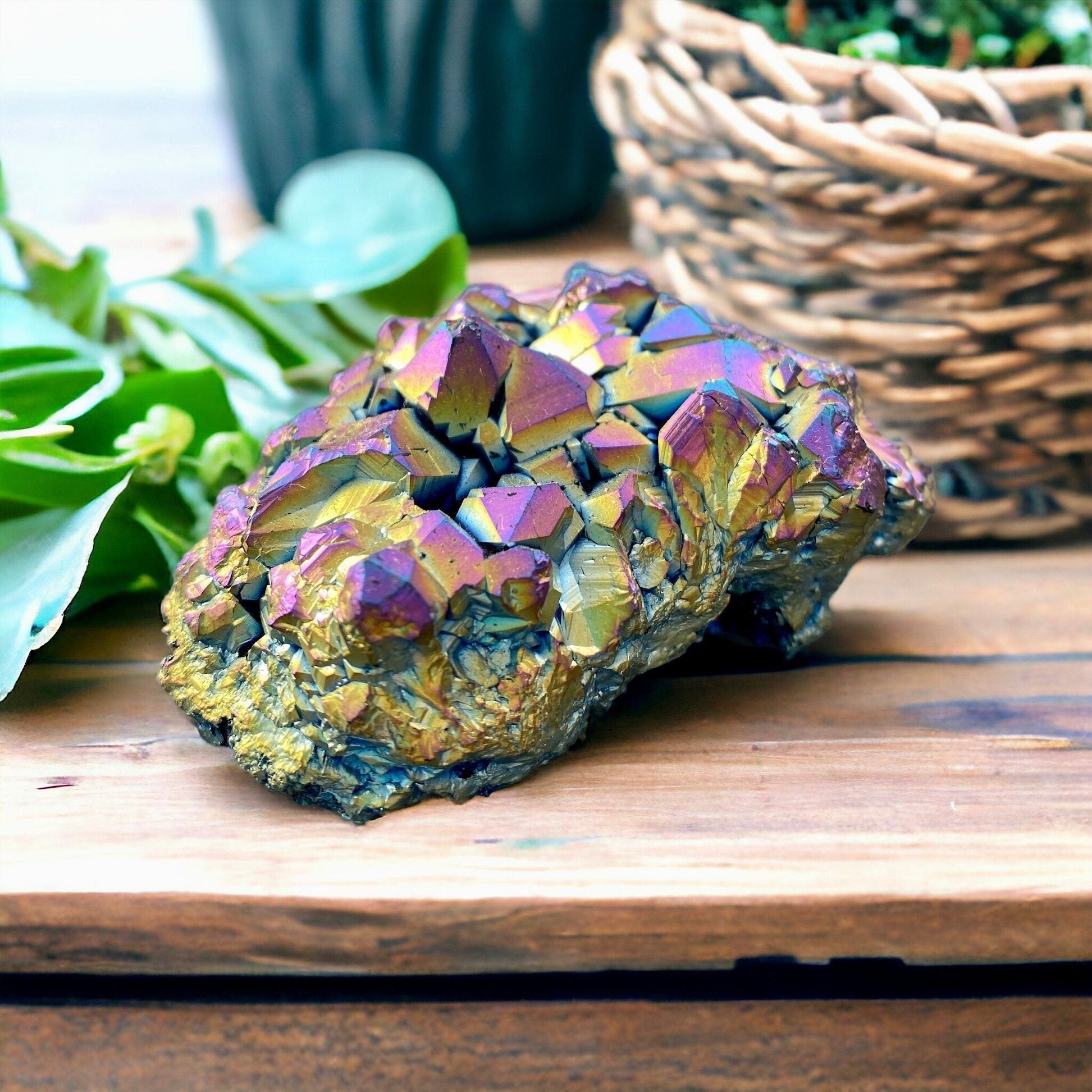 Titanium Aura Amethyst Cluster - Luna by Louise, Crystal Shop UK | Vibrant and High-Energy Crystal for Spiritual Protection