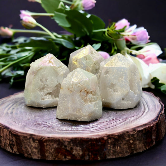 Angel Aura White Quartz Crystal Tower: Iridescent Druze