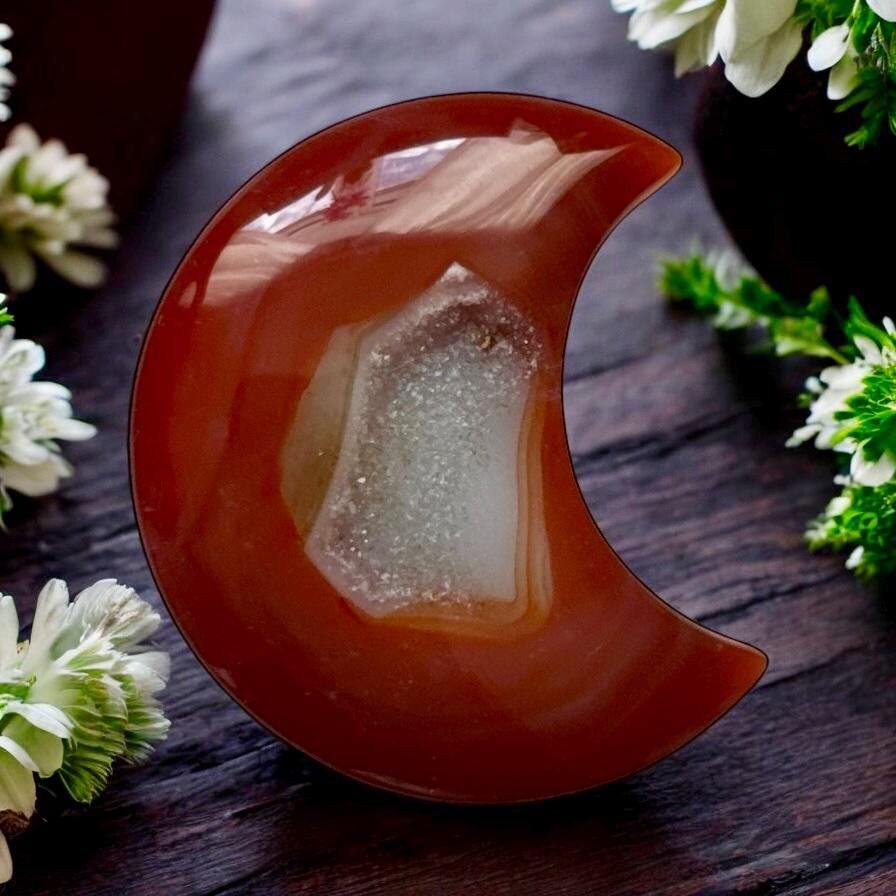 Carnelian Druze Crescent Moon Crystal – Fiery Energy & Passion | Luna by Louise, Crystal Shop UK