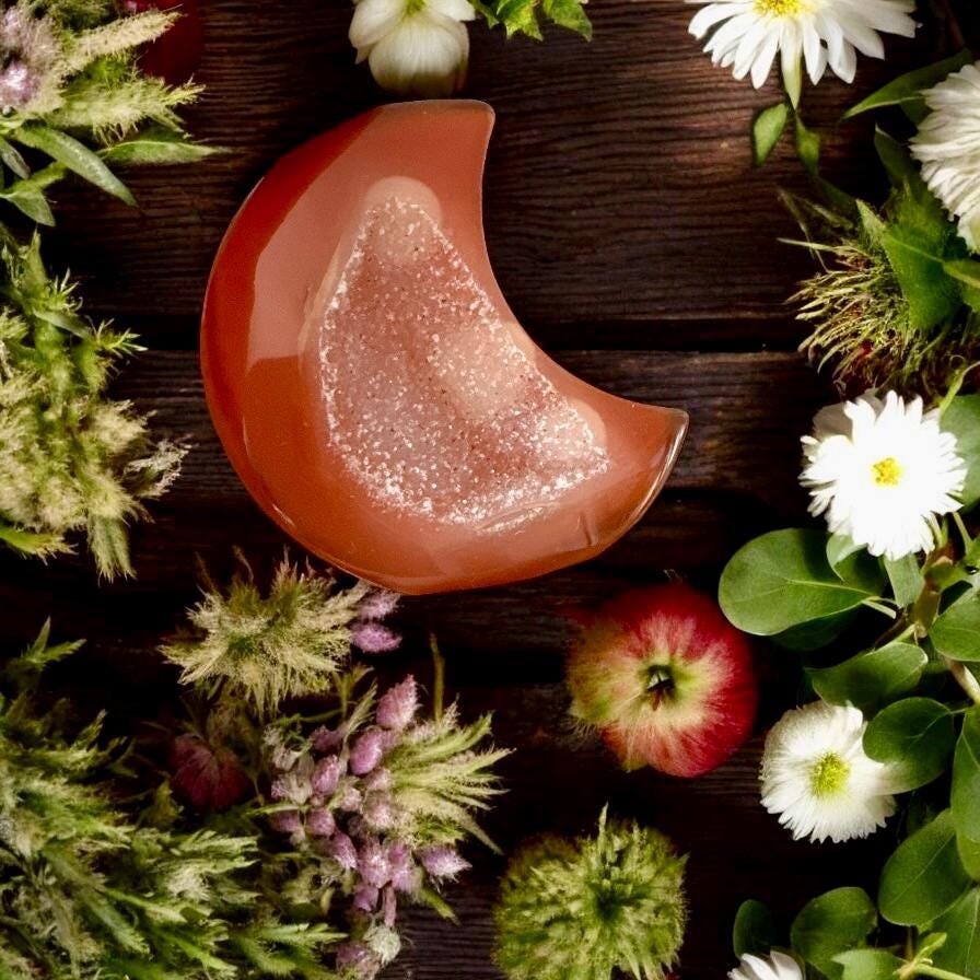 Carnelian Druze Crescent Moon Crystal – Fiery Energy & Passion | Luna by Louise, Crystal Shop UK