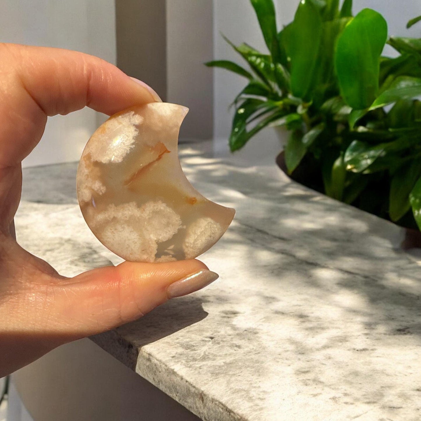 Flower\Blossom Agate Crescent Moon – Luna by Louise, Crystal Shop UK