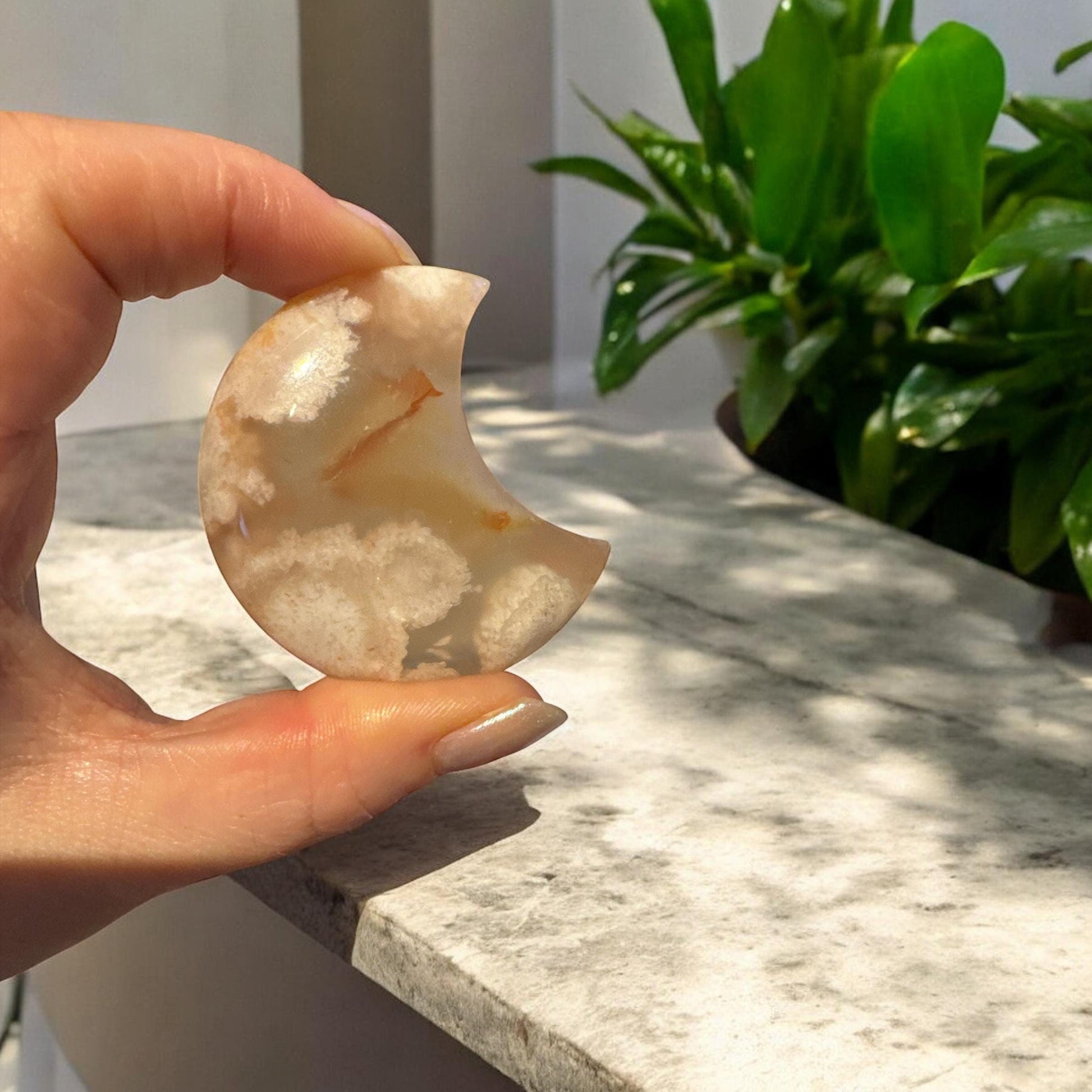 Flower Agate Crescent Moon – Luna by Louise, Crystal Shop UK