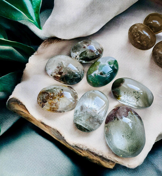 Garden Quartz Palm Stone: Lodolite Crystal with Natural Inclusions