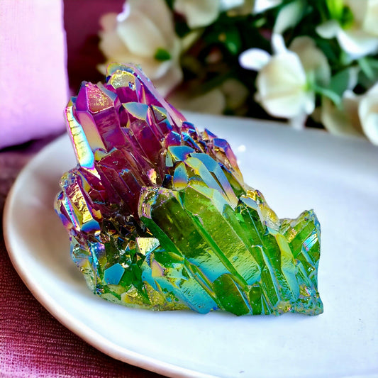 Purple & Green Aura Lemurian Quartz Crystal Cluster (330g)