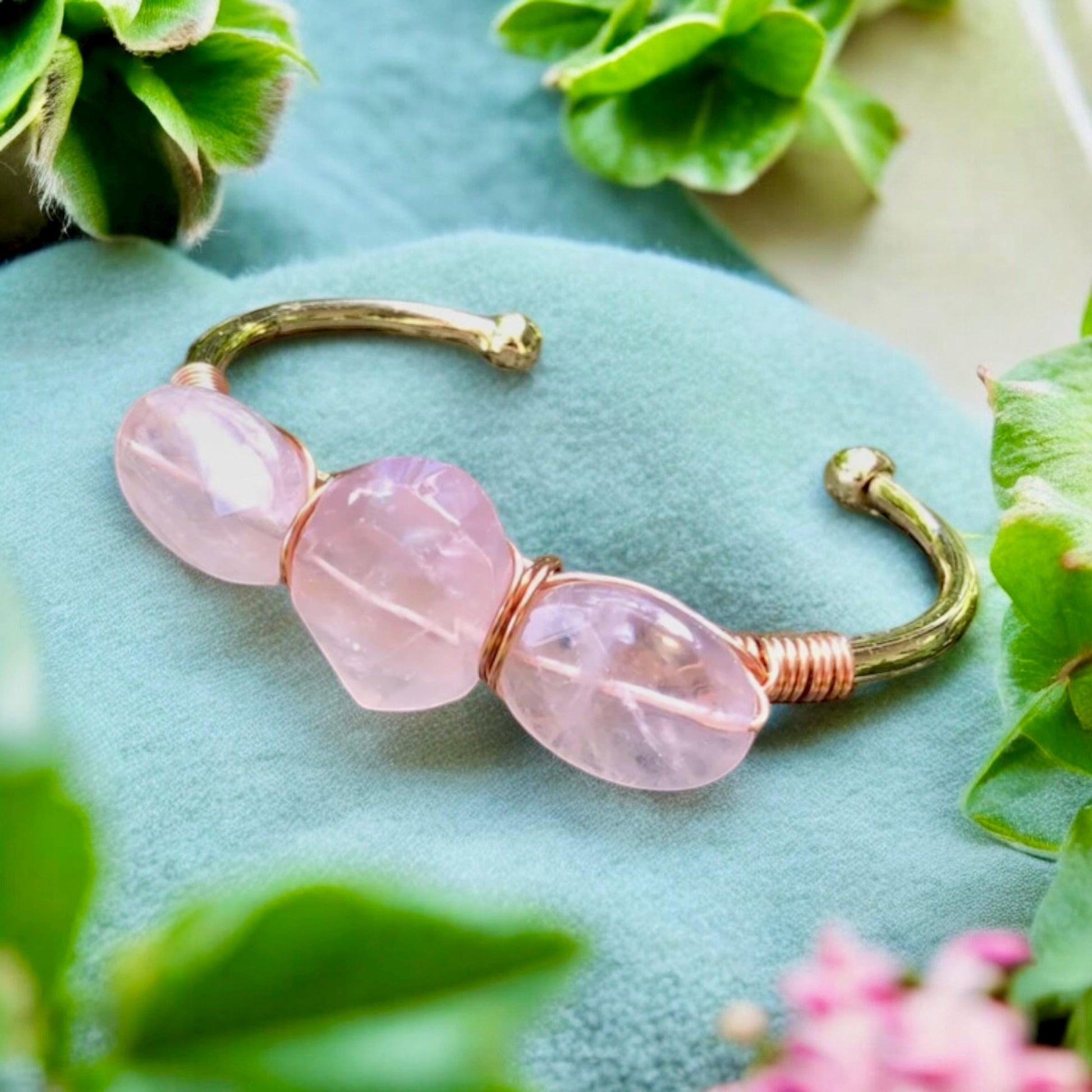 Rose Quartz Three-Stone Cuff Bangle | Handmade Crystal Bracelet | Luna by Louise, Crystal Shop UK