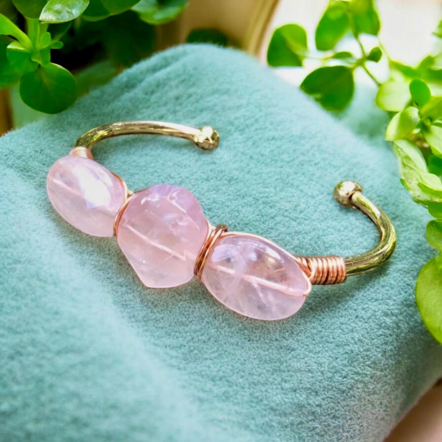 Rose Quartz Three-Stone Cuff Bangle | Handmade Crystal Bracelet | Luna by Louise, Crystal Shop UK