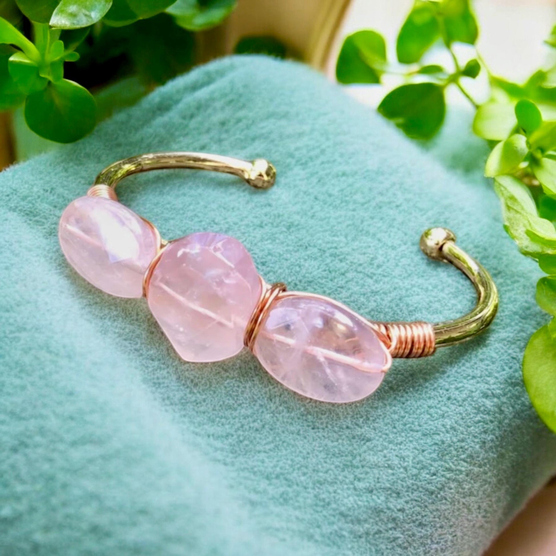 Rose Quartz Three-Stone Cuff Bangle | Handmade Crystal Bracelet | Luna by Louise, Crystal Shop UK