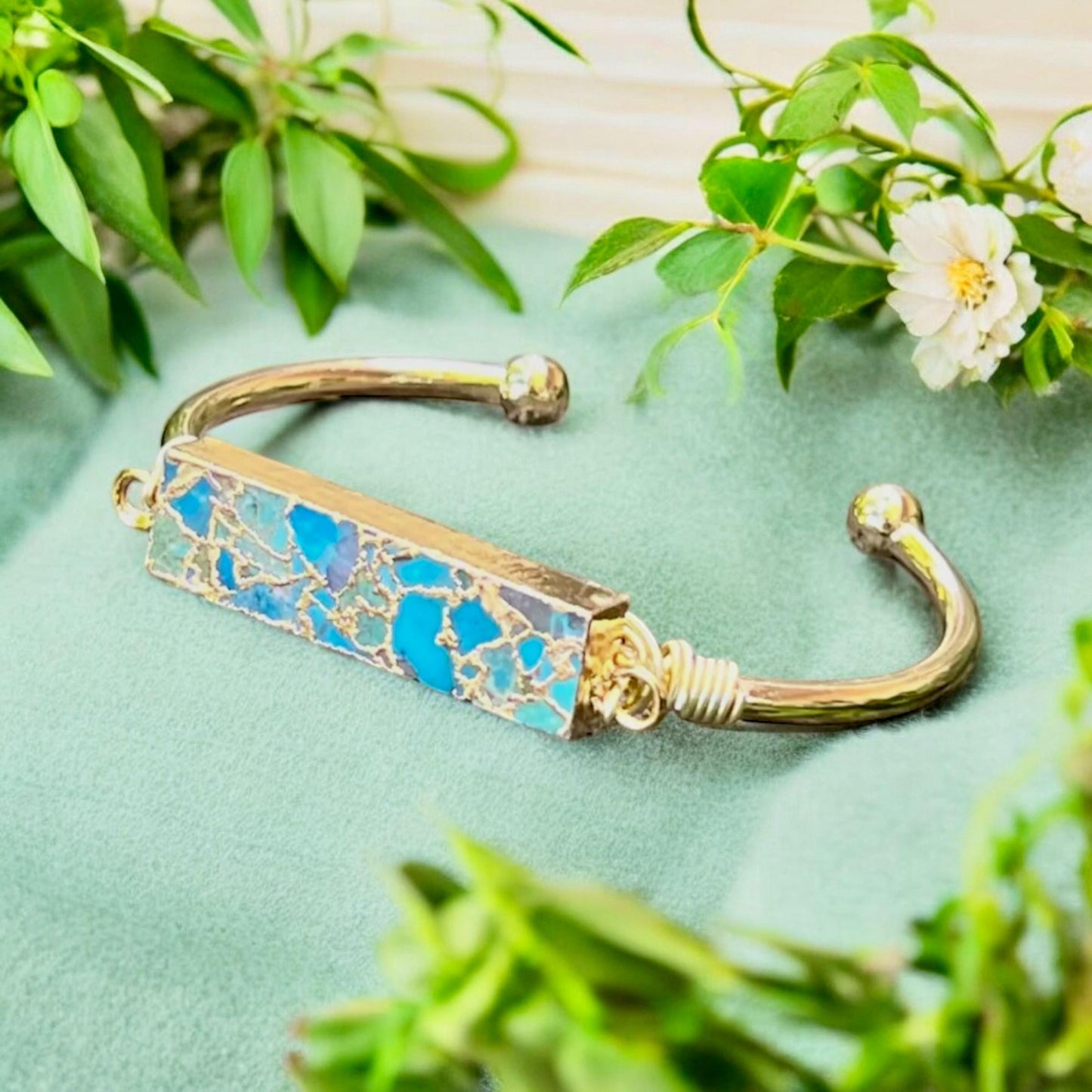 Turquoise Bar Cuff Bangle | Handmade Crystal Bracelet | Luna by Louise, Crystal Shop UK