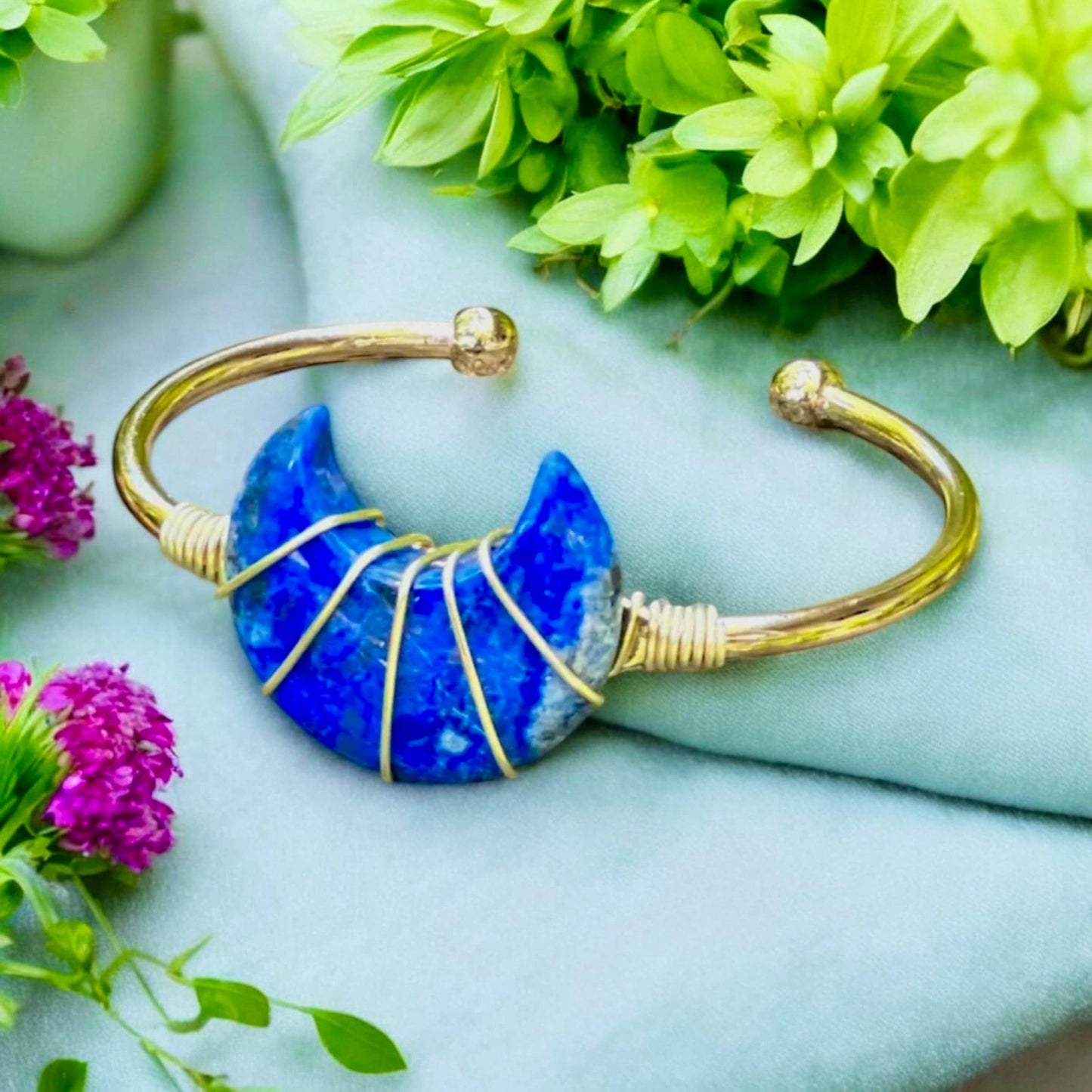 Lapis Lazuli Moon Bangle: Gold Plated Crystal Cuff. Handmade
