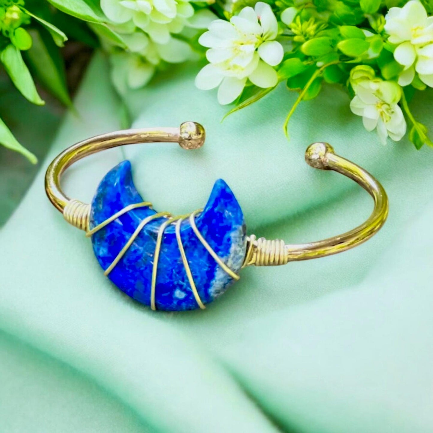 Handmade Lapis Lazuli Moon Bangle: Gold Plated Crystal Cuff