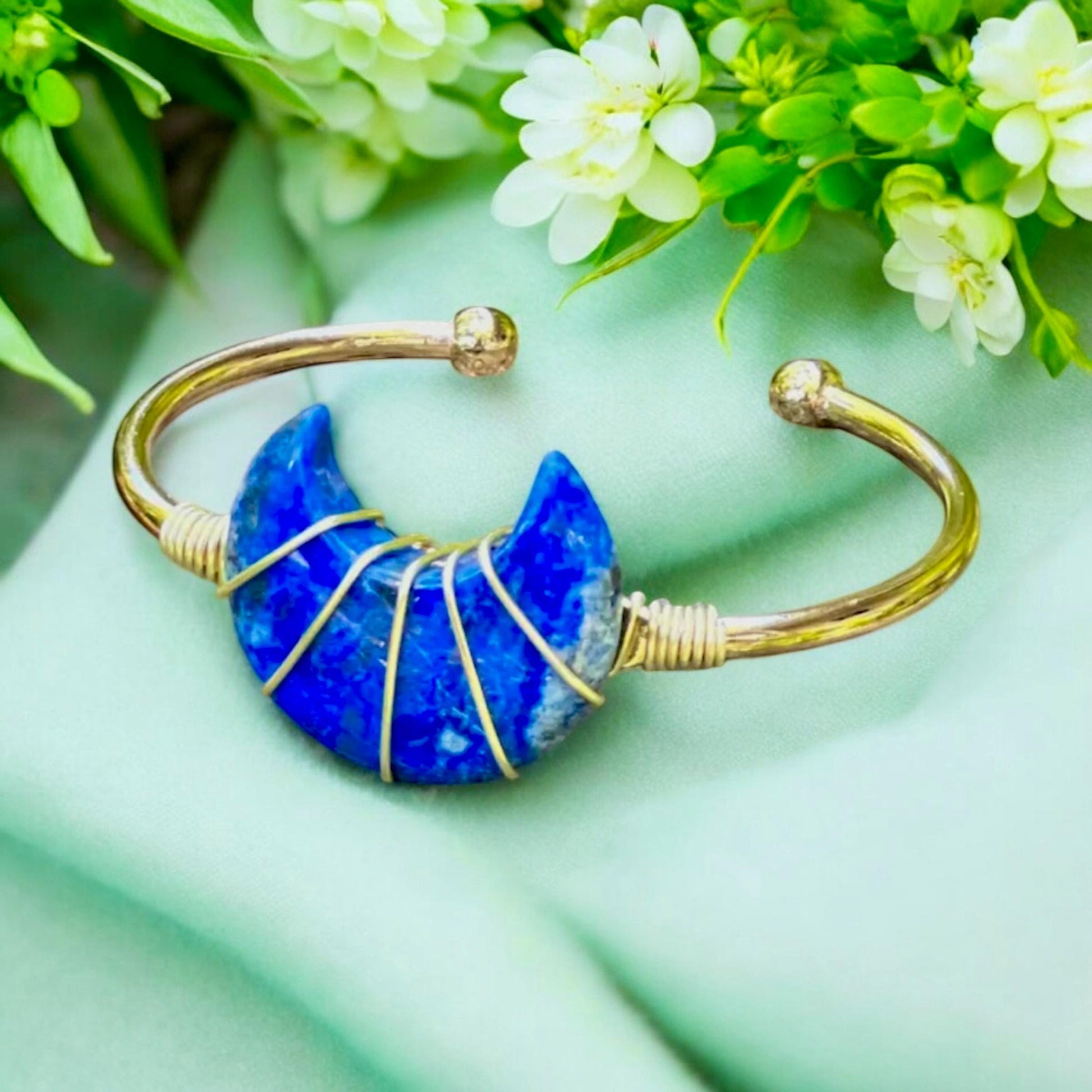 Handmade Lapis Lazuli Moon Bangle: Gold Plated Crystal Cuff