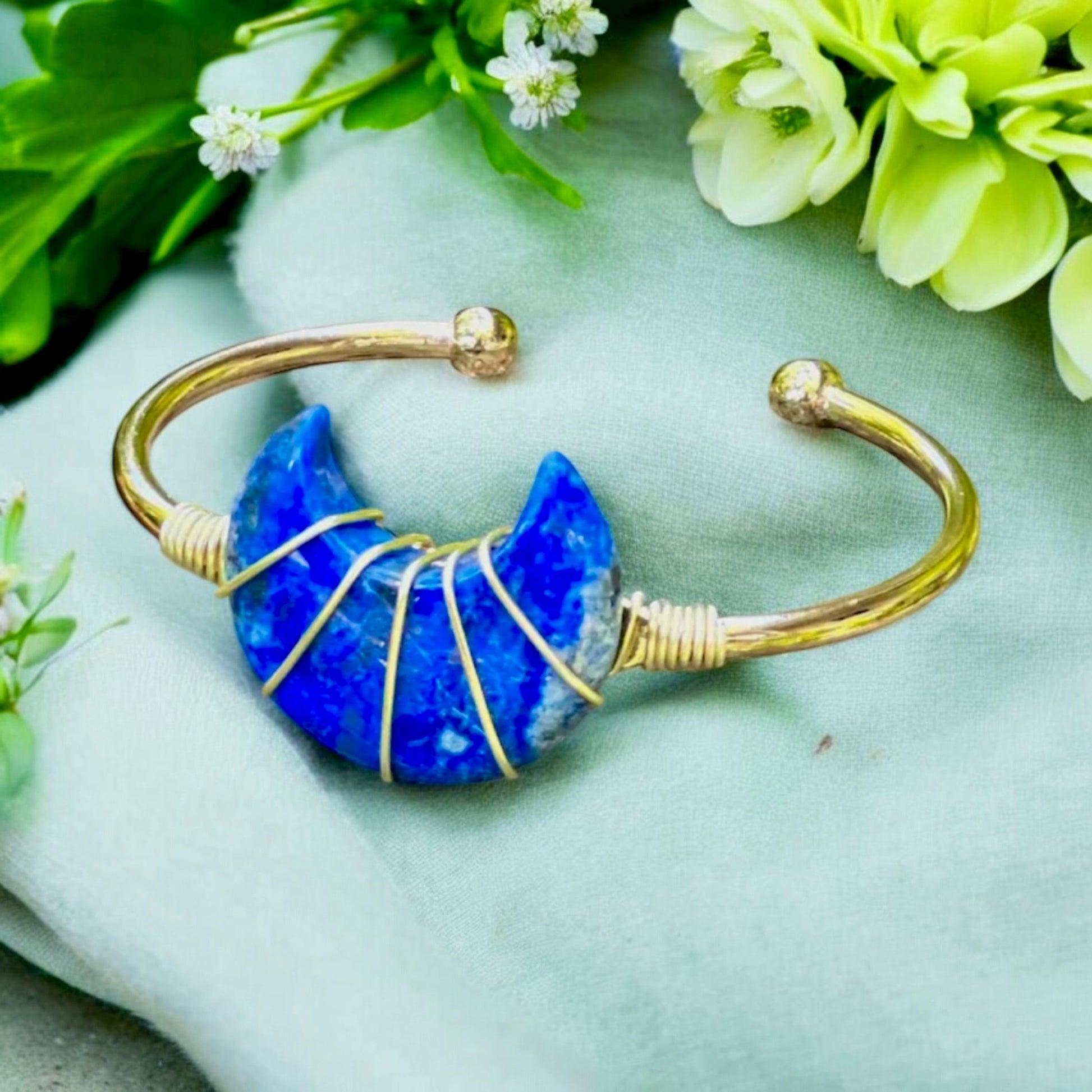 Lapis Lazuli Moon Bangle: Gold Plated Crystal Cuff. Handmade