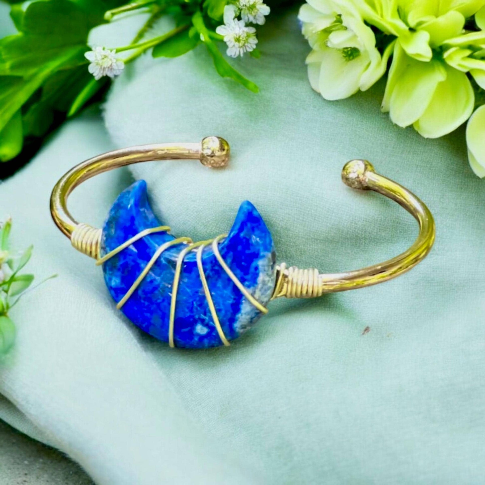 Lapis Lazuli Moon Bangle: Gold Plated Crystal Cuff. Handmade