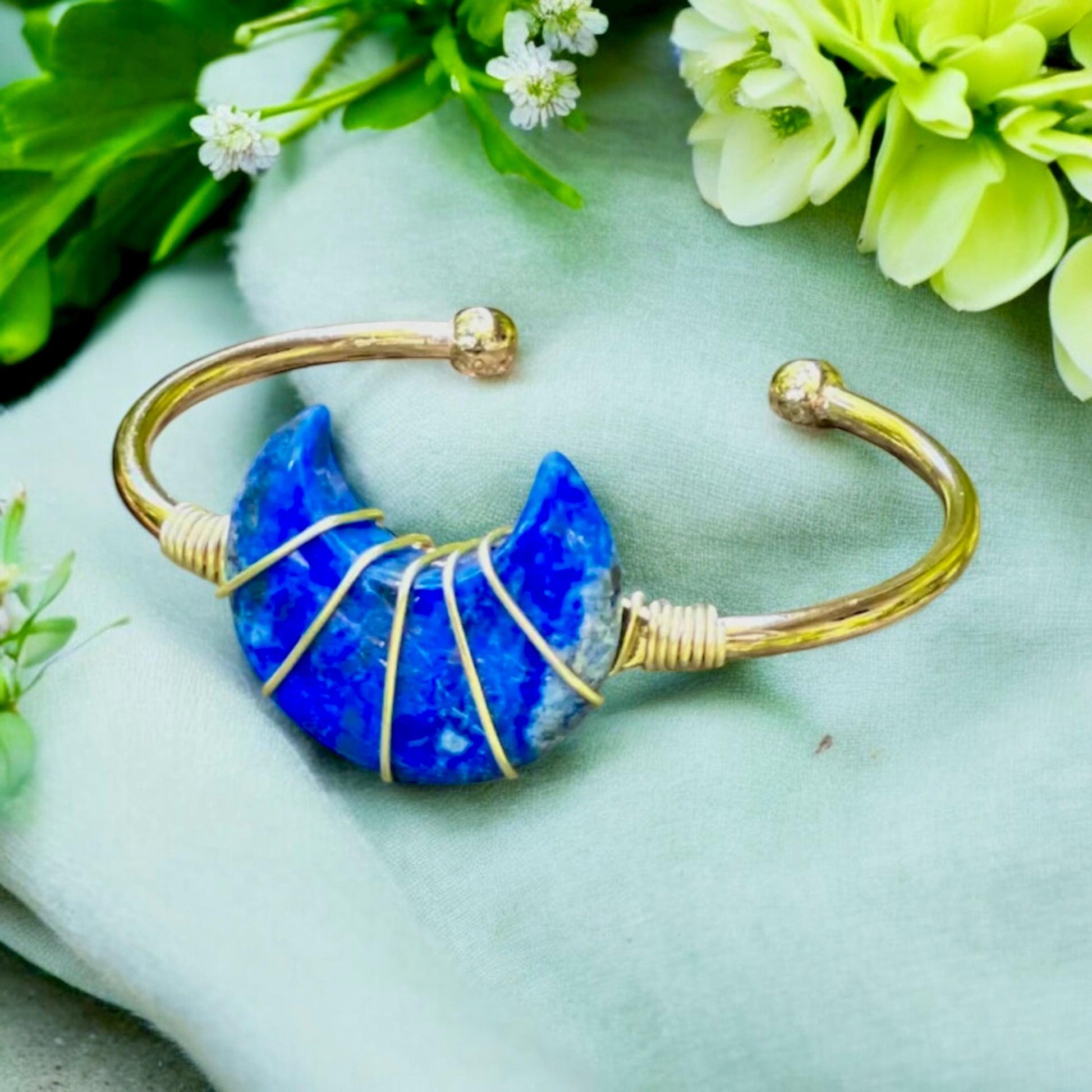 Handmade Lapis Lazuli Moon Bangle: Gold Plated Crystal Cuff