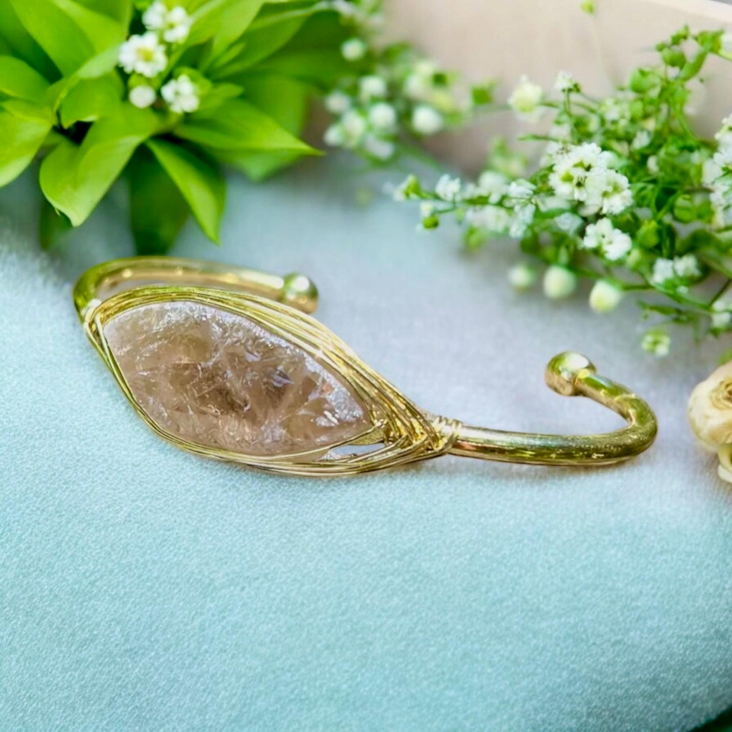 Gold Plated Smokey Quartz Cuff Bangle: Raw Crystal Bracelet