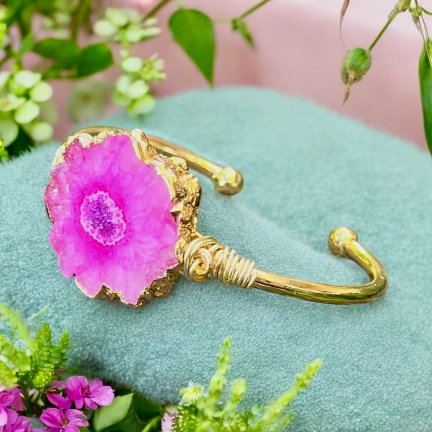 Handmade Pink Agate Cuff Bangle: Gold Plated Crystal Bracelet