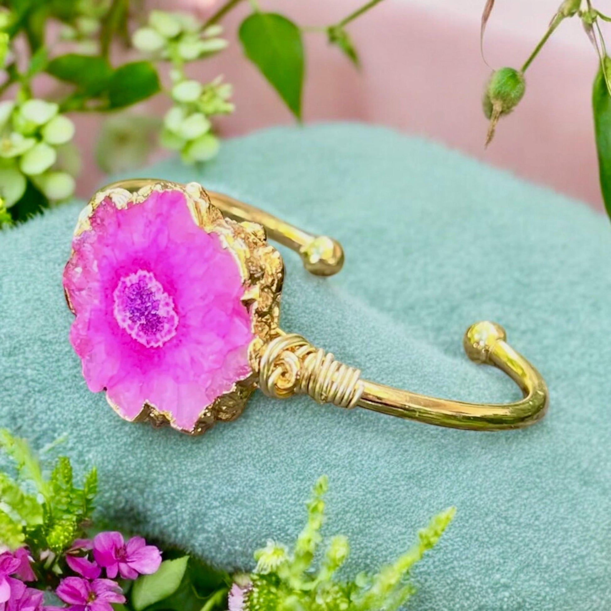 Handmade Pink Agate Cuff Bangle: Gold Plated Crystal Bracelet