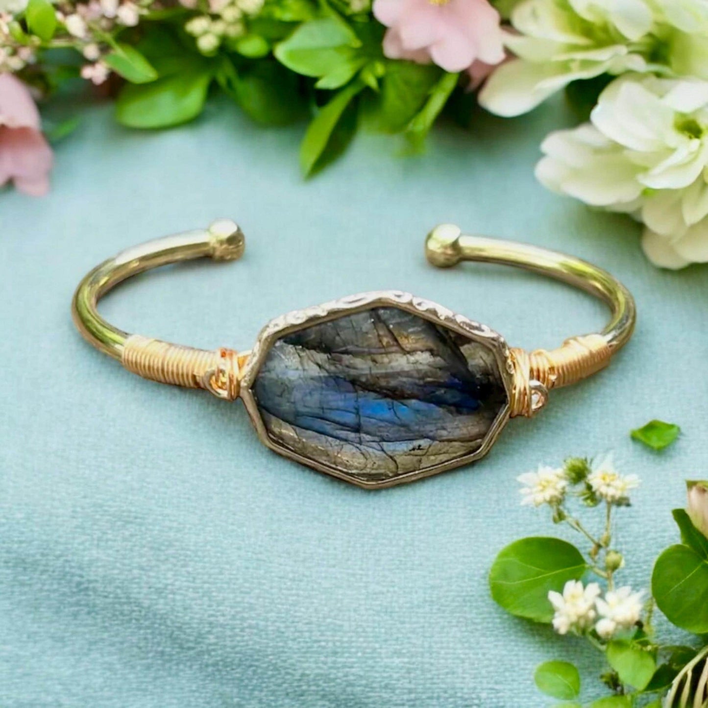 Labradorite Cuff Bangle: Crystal Healing Bangle. Handmade and Gold Plated
