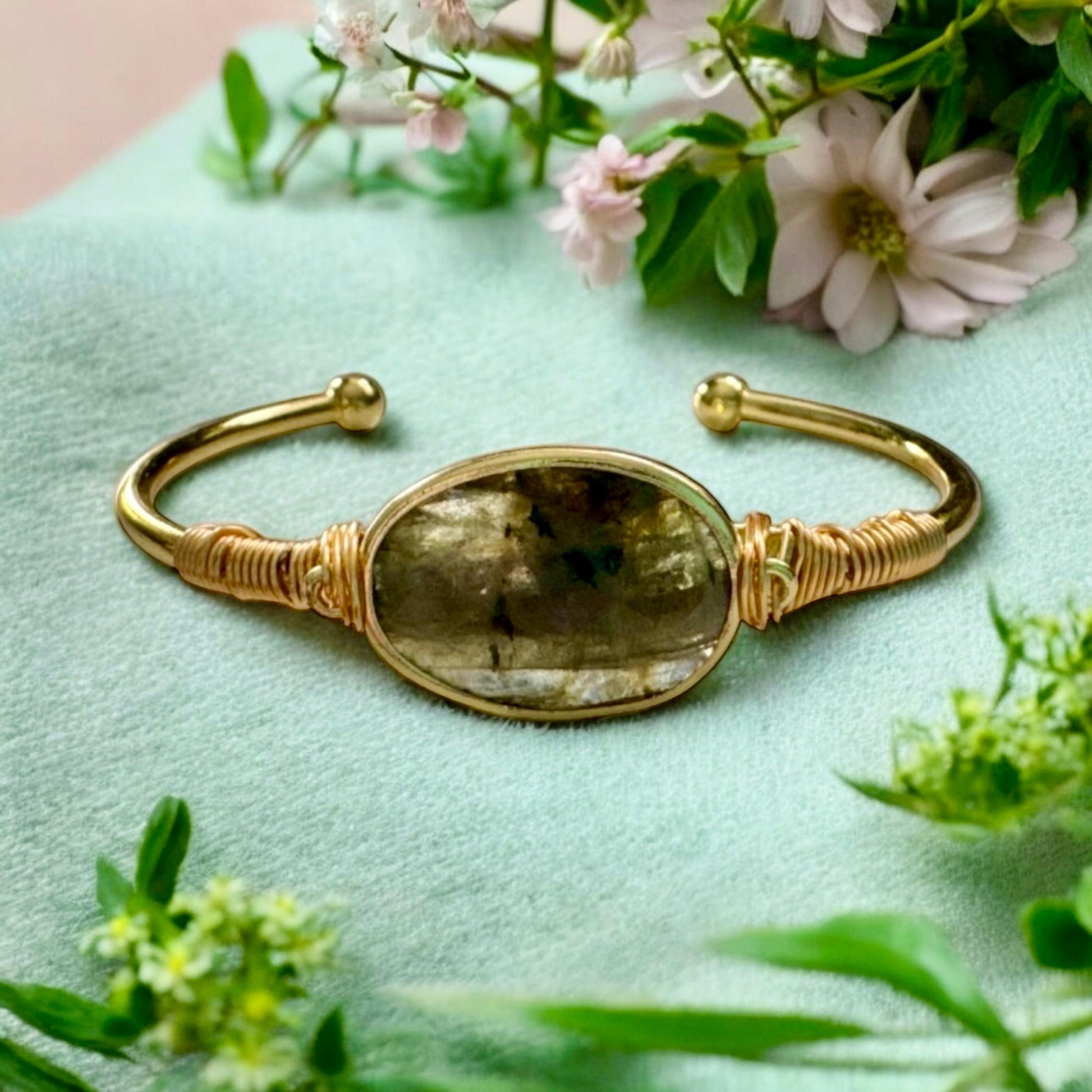 Labradorite Cuff Bangle: Crystal Healing Bangle. Handmade and Gold Plated