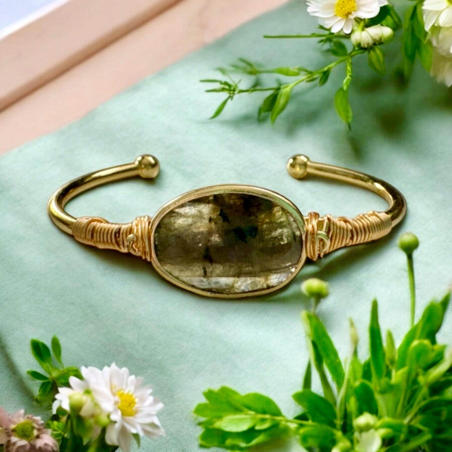 Labradorite Cuff Bangle: Crystal Healing Bangle. Handmade and Gold Plated