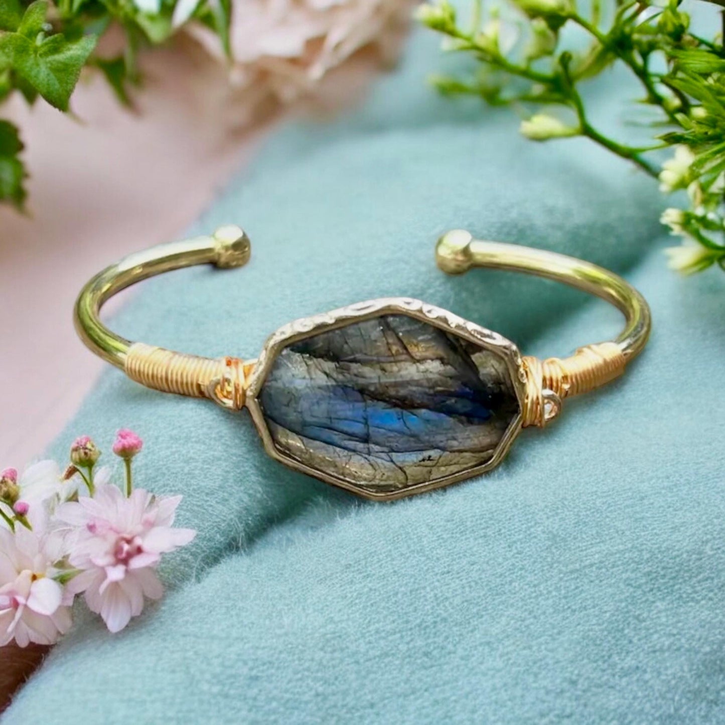 Labradorite Cuff Bangle: Crystal Healing Bangle. Handmade and Gold Plated