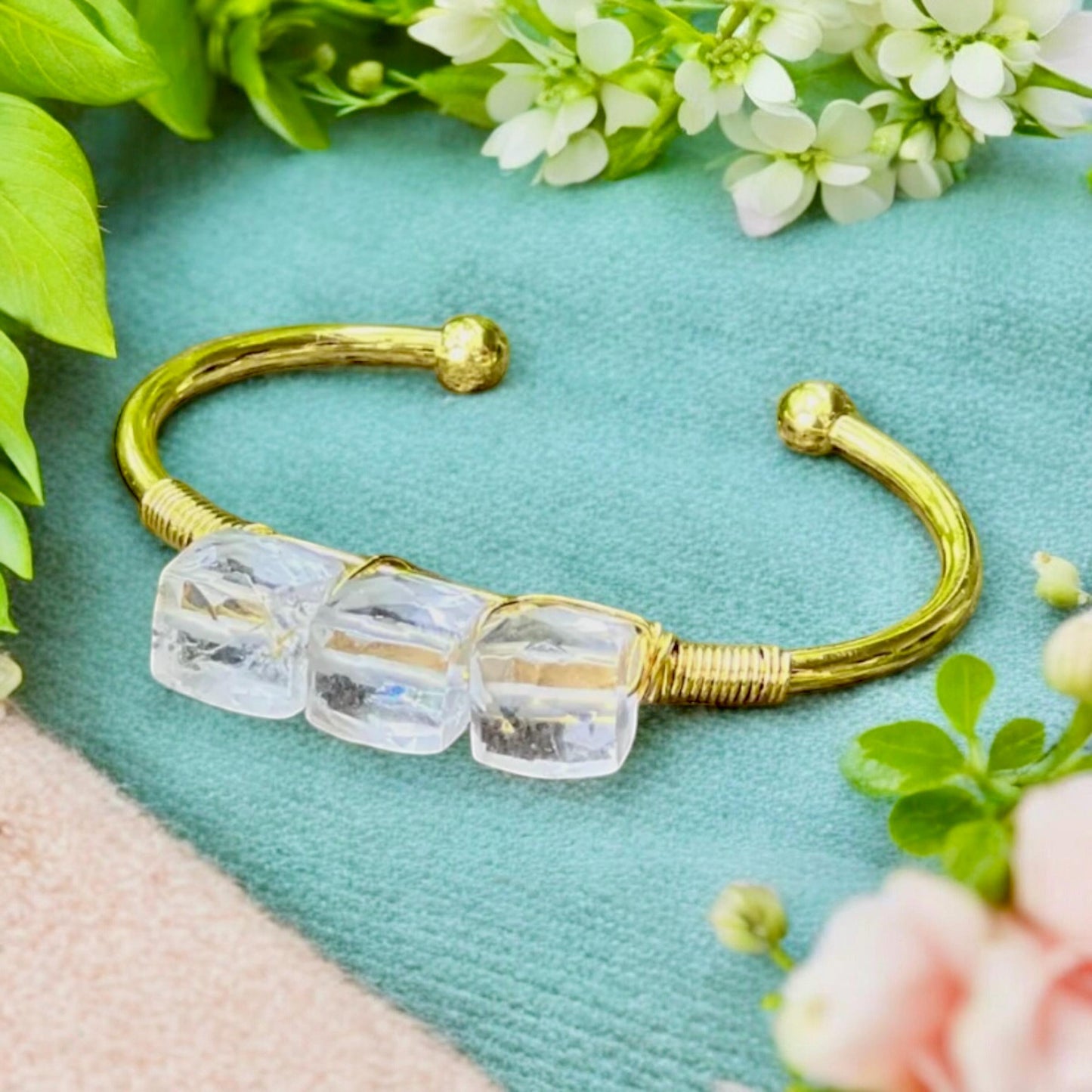 Handmade Gold Plated Quartz Cube Cuff Bangle - Crystal Healing